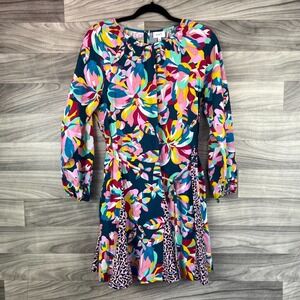 The Get Mini Dress Women Small Multicolor Abstract Print Tie Waist Raglan Sleeve